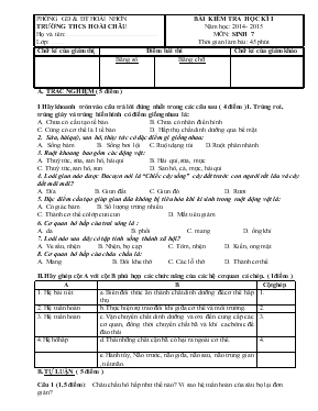 Bài kiểm tra học kì I năm học 2014- 2015 môn sinh 7 thời gian làm bài 45 phút